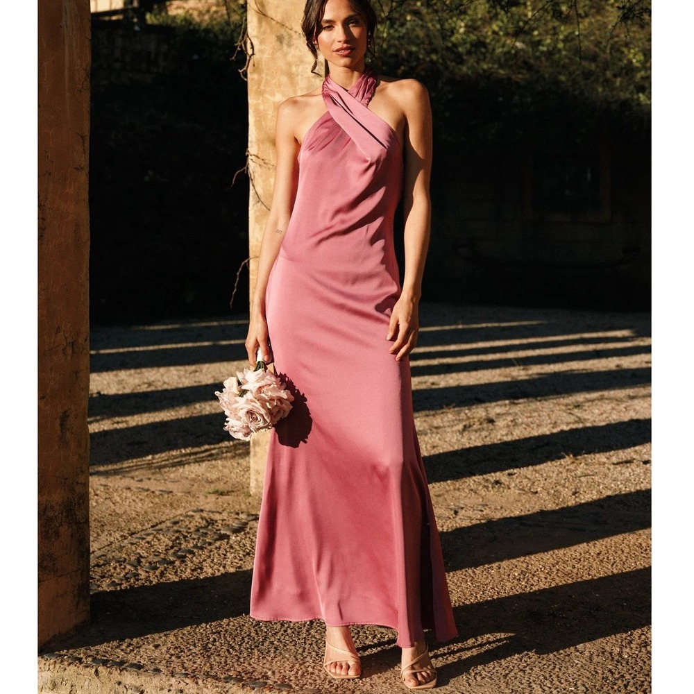 Petal & Pup Mila Halterneck Maxi‎ Dress Womens S Pink Satin Formal Gown Wedding